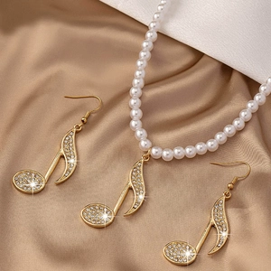 Élégant Ensemble De Bijoux Note De Musique Alliage Strass Collier De Süßwasserperles Et Boucles D'oreilles Crochet Pour Femmes Mode Cadeau