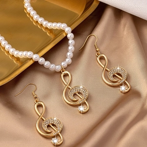 Collier Et Boucles D'oreilles Note De Musique Clé De Sol Strass Alliage Künstliche Perle Fantaisie Bijoux Élégants Pour Femmes