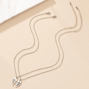 Minimalist silver-tone heart puzzle pendant necklace set with Friends Forever engraving