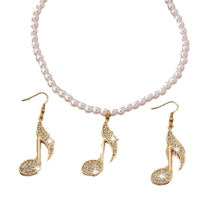 Parure bijoux note de musique avec boucles d'oreilles strass et collier de perles