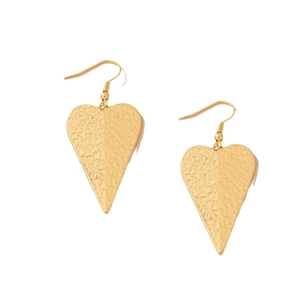 Elegant gold heart-shaped drop earrings with hammered texture and hook design