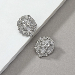 Silver lion head stud earrings for men and women with detailed 3D carving relief