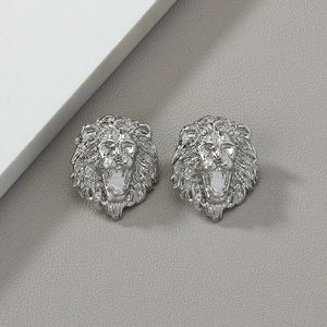 Punk style silver lion head stud earrings with detailed 3D metal carving for men and women