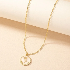 Vintage Rose Blume Anhänger Halskette Legierung Vergoldet Emaille Rund Medaille Süße Elegante Schlüsselbein Kette Damen
