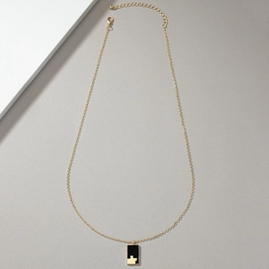 French vintage black checkered pendant necklace with elegant gold chain for women