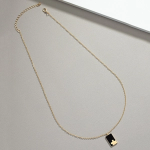 French vintage black checkered rectangle pendant necklace with minimalist gold thin chain