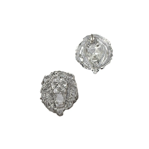 Polished silver lion head stud earrings with detailed mane and push-back closure