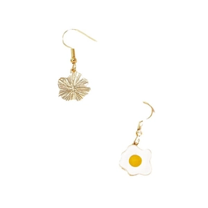 Asymmetric gold flower and poached egg drop earrings with hooks on white background