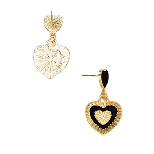 French vintage style heart drop earrings with black enamel and radiant gold texture