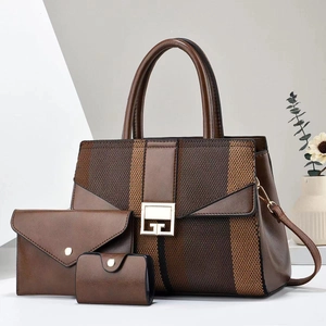 Three-piece brown tote bag set with textured fabric stitching and gold metal buckle