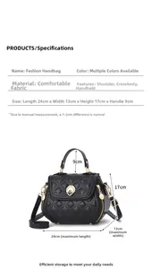 Detailed size chart for the black quilted shell bag showing dimensions 24x13x17cm