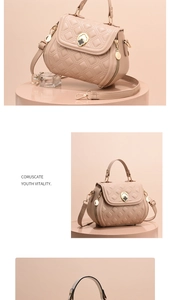 Detail of beige shell shoulder bag with quilted stitching and gold flower lock