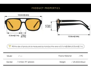 Size chart showing dimensions of double-bridge aviator sunglasses with yellow lenses