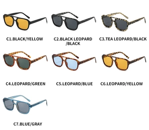 Detailed grid showing seven color variations of pilot sunglasses with double-bridge frames
