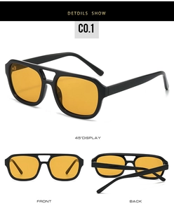 Detailed views of double bridge pilot sunglasses with black frames and yellow lenses