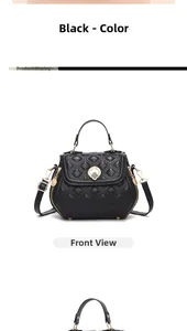 Detailed front view of black quilted crossbody bag with gold floral twist lock