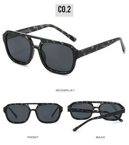Detailed multi-angle views of double-bridge aviator sunglasses in marble grey finish