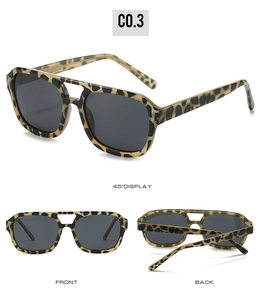 Detail view of leopard print aviator sunglasses with dark grey lenses and double bridge