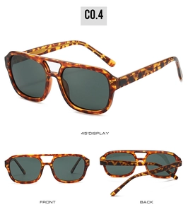 Detailed multi-angle views of tortoiseshell double-bridge pilot sunglasses with dark green lenses