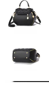 Rear view of black quilted shell bag with zipper pocket and bottom protective gold studs