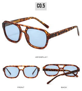 Detailed views of tortoise double bridge aviator sunglasses with light blue lenses