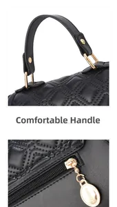 Detail of black quilted leather shoulder bag featuring golden zipper and comfortable handle