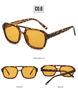 Three-view display of pilot sunglasses with tortoiseshell frames and yellow lenses