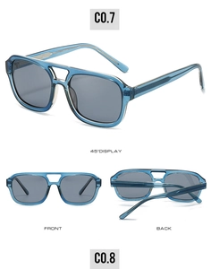 Detailed views of double bridge aviator sunglasses with blue frames and dark lenses