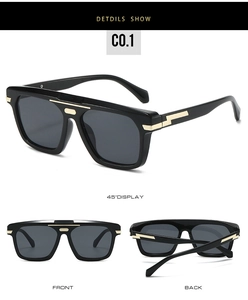Vue détaillée multi-angles de lunettes de soleil carrées noires avec détails dorés