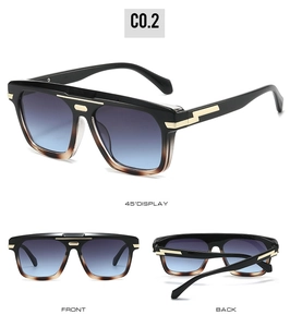 Vue en trois angles de lunettes de soleil oversize avec monture dégradée et détails dorés