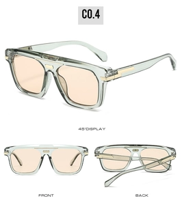 Trois vues de lunettes de soleil transparentes vert clair avec des verres orange et or