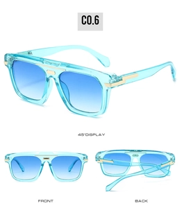 Plusieurs vues de lunettes de soleil carrées bleues avec détails dorés et verres dégradés
