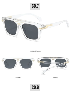 Trois vues de lunettes de soleil rétro oversize avec double pont et accents dorés