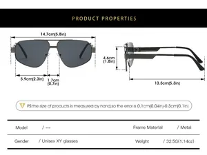 Detailed size chart for metal aviator sunglasses with dimensions in cm and inches