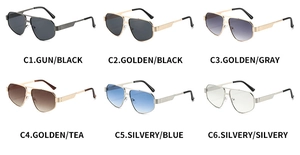 Detailed view of polygon metal pilot sunglasses in six color variations with textured temples
