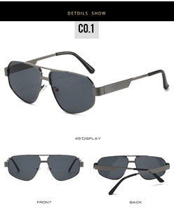 Gunmetal aviator sunglasses with dual-bridge metal frame and textured temples