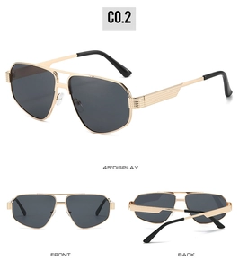 Three-way view of aviator sunglasses showing front, back and 45-degree angle display