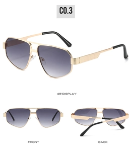 Three-angle views of gold metal aviator sunglasses with gradient lenses and grid temples