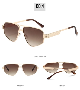 Three-angle display of aviator sunglasses with gold frames and gradient lenses