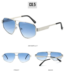 Detailed views of pilot sunglasses with silver metal frames and blue gradient lenses