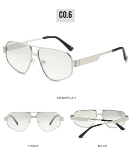 Multi-angle view of silver metal double-bridge sunglasses showing front and side details
