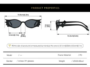 Detailed sizing chart and specifications for bat-shaped novelty sunglasses with PC frame