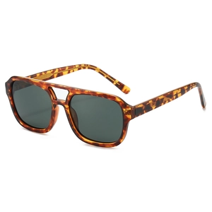 Classic tortoiseshell double-bridge aviator sunglasses with dark green lenses in retro style