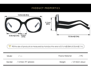 Technical drawing showing oversized cat eye sunglasses dimensions and product specifications