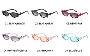 Detailed view of hip hop bat-shaped sunglasses in six colorful frame options for party wear