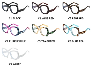 Detailed grid showing cat eye sunglasses in black, burgundy, white, and leopard prints