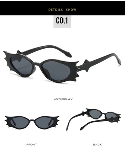 Multi-angle views of black bat-shaped sunglasses with dark grey lenses in hip-hop style