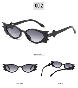 Three-way view of gothic bat-shaped sunglasses with dark gradient lenses and sharp frames