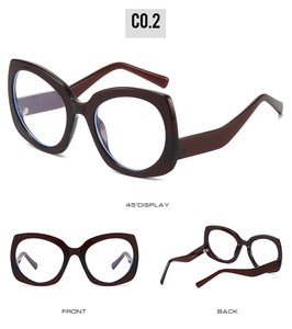 Three-angle display of dark red cat-eye glasses frames with blue light blocking lenses