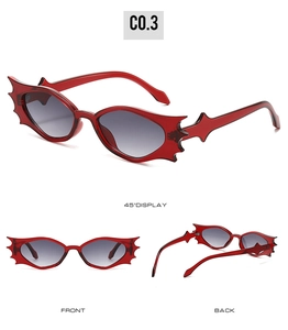 Detailed multi-angle views of red bat-wing shaped sunglasses with dark gradient lenses